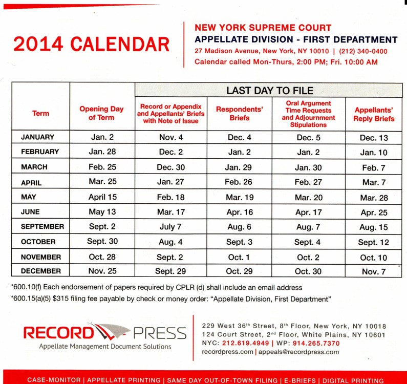New York State Appellate Division 2014 First Department Calendar