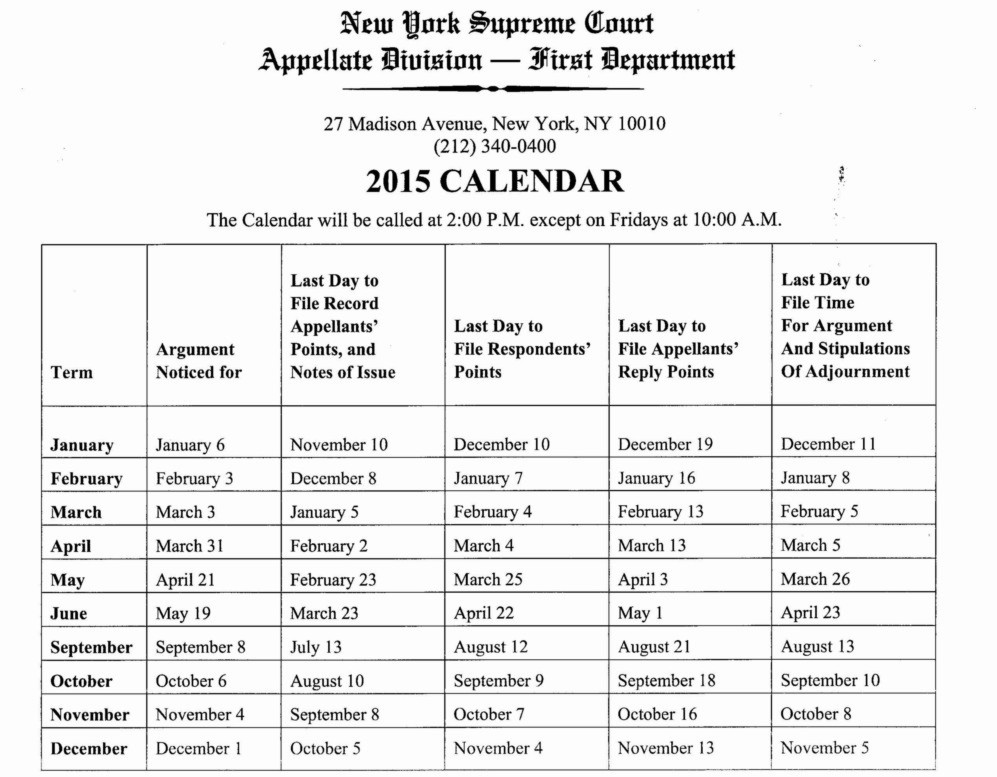 New York State Appellate Division 2015 First Department Calendar